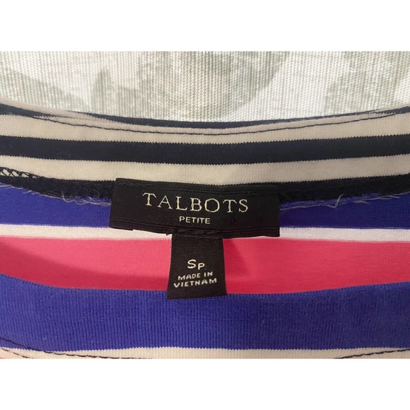 Talbots Multicolor Stripe Jersey Shift Dress Gold Button SP S Petite - Picture 6 of 8